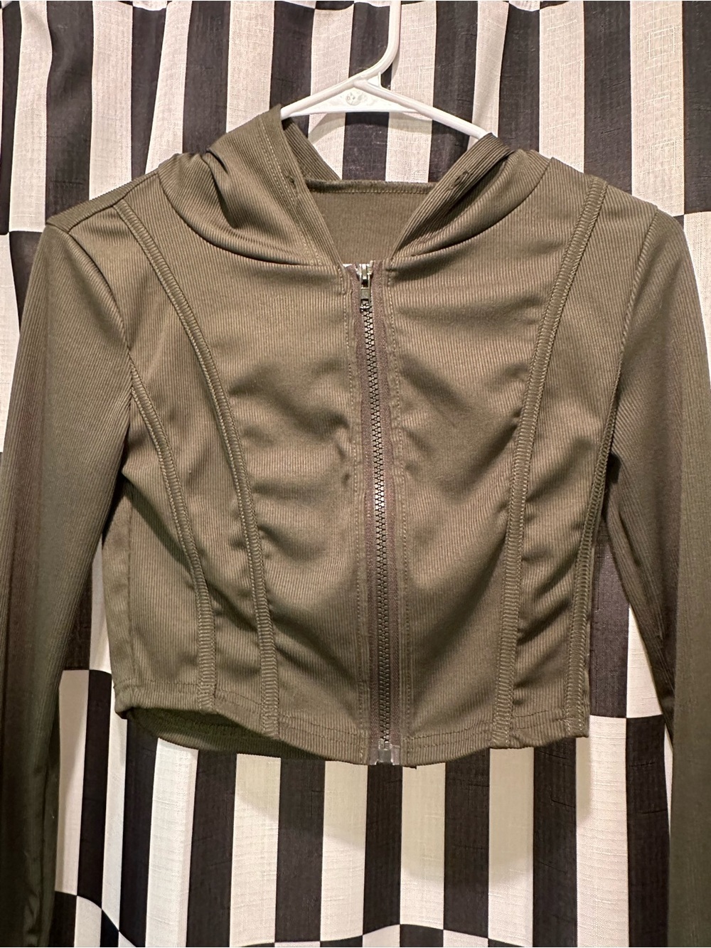 Olive Green Hooded Ribbed Zip Cropped Jacket
